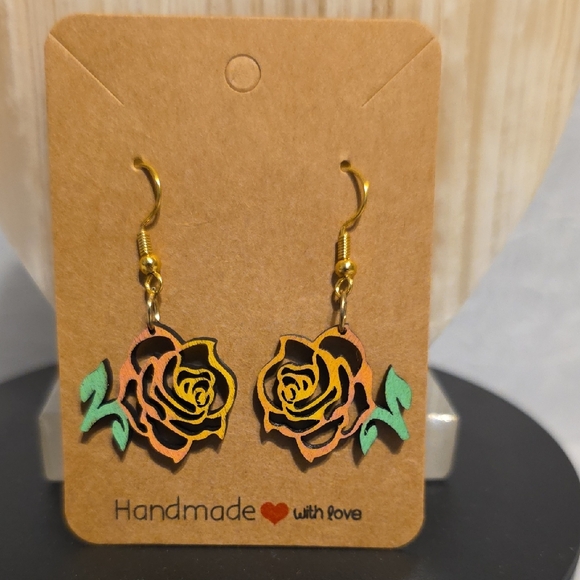Handmade Jewelry - Handmade Rose Earrings with Gold and Green Accents